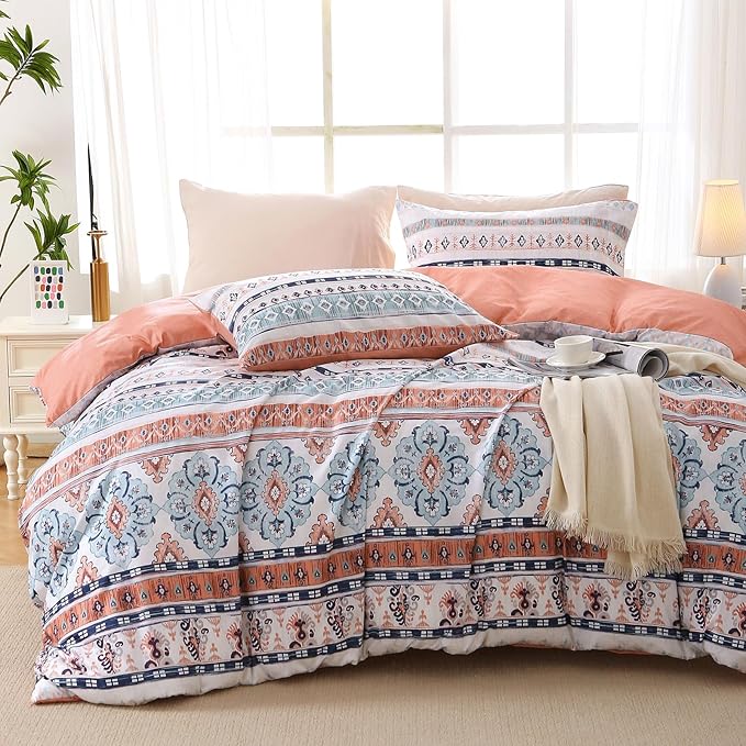 MUXHOMO Duvet Cover Queen Size, Reversible Floral Vintage Duvet Cover Set with Zipper Closure, 3 Pieces Botanical Patterns Soft Microfiber Bedding Set (90"x90", 2 Pillow Cases, Boho Pink)