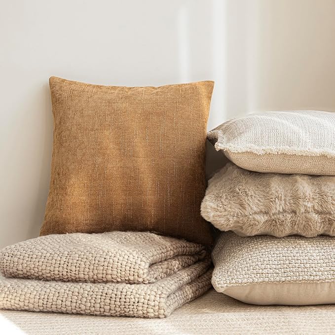 Foindtower Set of 2 Soft Textured Chenille Throw Decorative Pillow Covers Square Accent Solid Cushion Cover Neutral Farmhouse Pillow Case for Couch Sofa Bedroom Living Room 26x26 Inch,Golden Brown