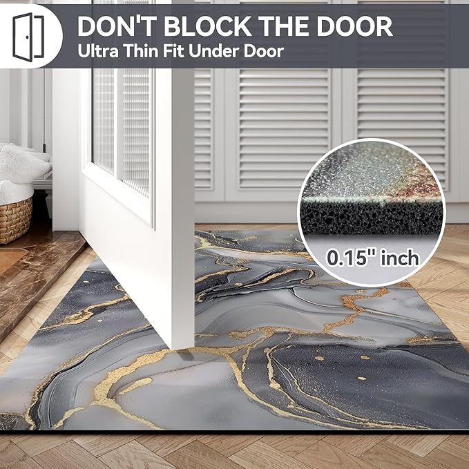 Non Slip Bath Mat Ultra Thin Bathroom Rug Fit Under Door, Rubber Backing Quick Dry Super Absorbent Washable Shower Bath Mats Grey 16x24