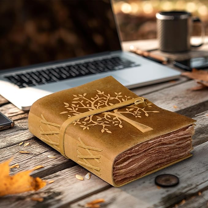 LEATHER VILLAGE Tree of Life Journal - 8"X6" (A5) inches - Sun Tan - 200 Antique Deckle Edge Handmade Paper – Book of Shadows - Vintage Leather Bound Journal for Women & Men
