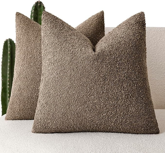 Foindtower Pack of 2 Textured Boucle Throw Pillow Covers Accent Solid Decorative Pillow Cases Cozy Woven Couch Cushion Case for Chair Sofa Bedroom Living Room Home Decor 20x20 Inch Light Brown