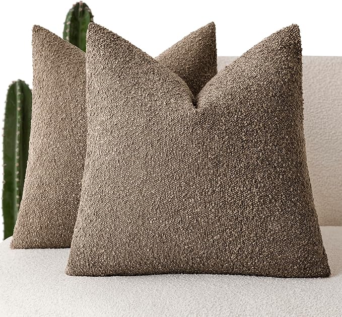 Foindtower Pack of 2 Textured Boucle Throw Pillow Covers Accent Solid Pillow Cases Cozy Soft Decorative Couch Cushion Case for Chair Sofa Bedroom Living Room Home Decor 18x18 Inch Light Brown