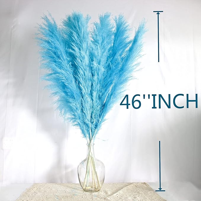 46" inch 10 Stems Natural Pampas Grass Decor Tall, Pompas Grass, Tall Pampas Grass for Weddingm, Farmhouse, Boho Home Decor (Blue)