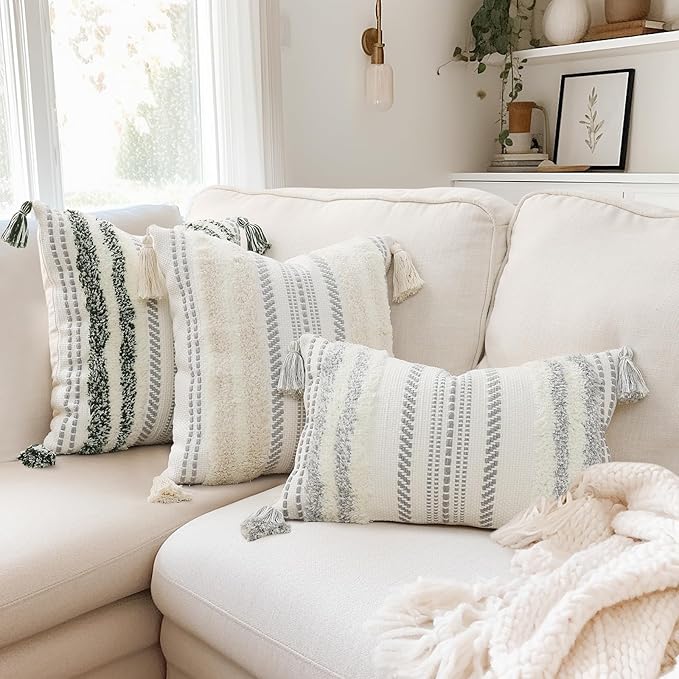 decorUhome Decorative Boho Throw Pillow Cover 20x20, Accent Neutral Textured Tufted Pillow Cover Striped for Couch Bed Sofa, Beige and Cream White, Pack of 1