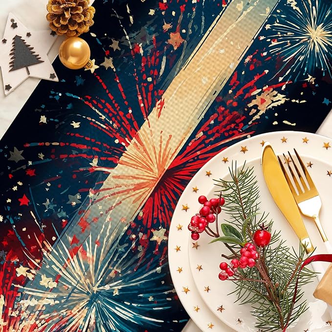 Blue Red Fireworks Burlap Table Runner Seasonal Spring Fall Kitchen Dining Linen Table Decoration for Indoor Outdoor Home Party Dinner 13x72 Inch