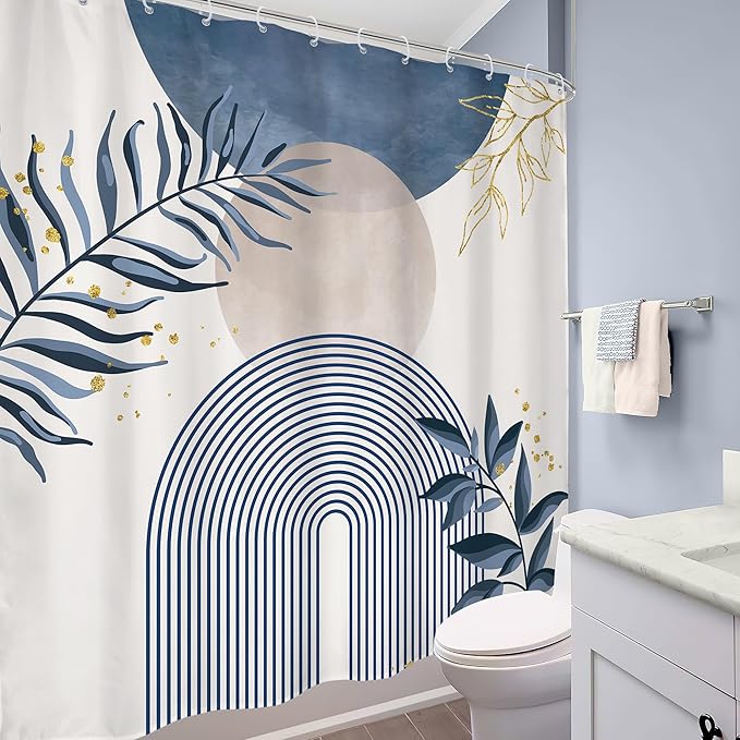 Blue Boho Shower Curtain 72Wx72H Modern Bohemian Abstract Leaves Plant Botanical Grey Mid Century Minimalist Arch Bathroom Decor Geometric Neutral Bath Curtain Fabric Polyester 12 Pack Hook