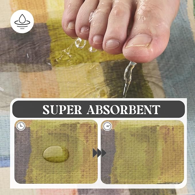 MontVoo -Bath Mat-Non Slip Thin Bathroom Rugs Fit Under Door- Quick Dry Absorbent Faux Suede Surface Grey Bathroom Floor Mats-Shower Rug for in Front of Bathtub Shower Colorful Plaid 17x27.5