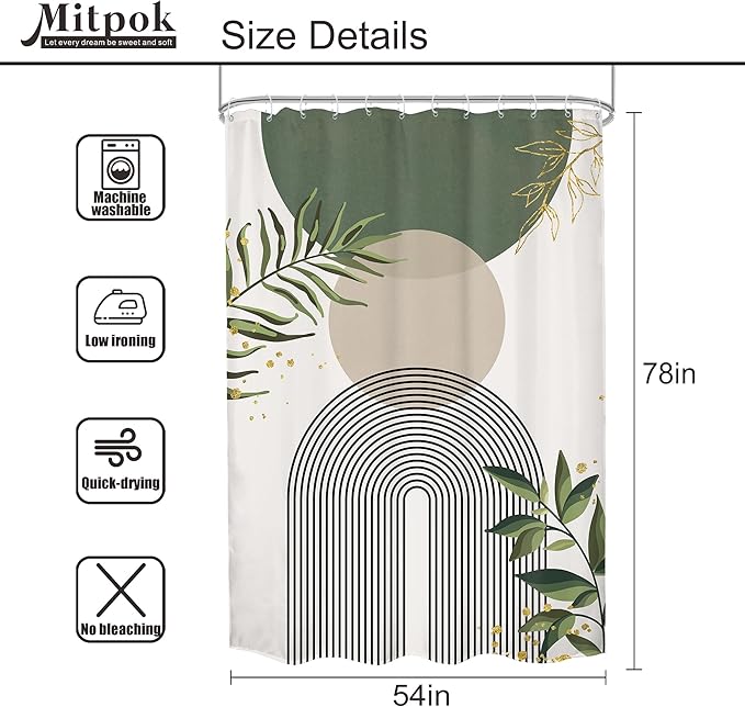 Small Stall Green Boho Shower Curtain 54Wx78H Rv Modern Bohemian Abstract Sage Green Gold Leaves Plant Minimalist Narrow Half Bathroom Decor Geometric Bath Curtain Fabric Polyester 12 Pack Hook