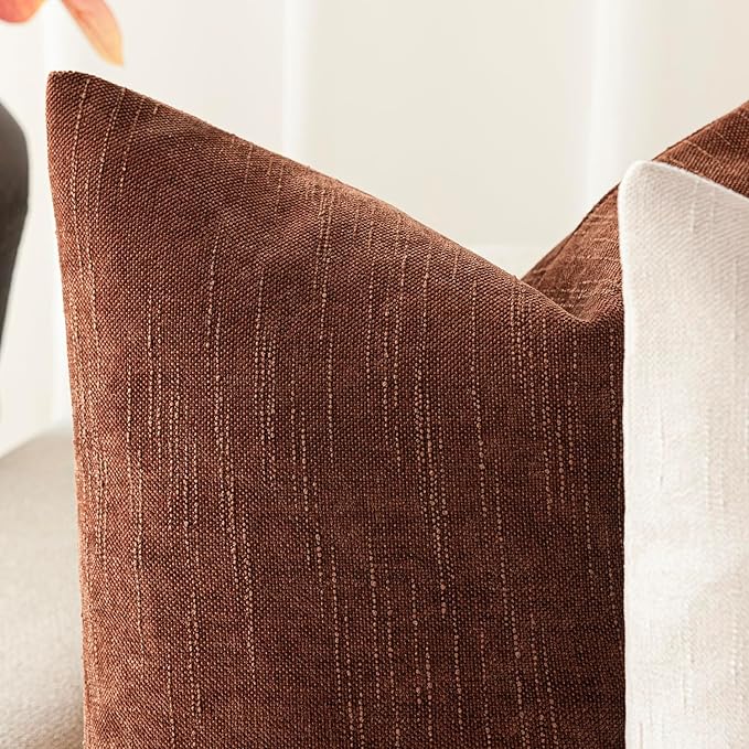 Foindtower Pack of 2 Soft Textured Chenille Throw Decorative Pillow Covers Square Accent Solid Cushion Cover Cozy Neutral Farmhouse Pillow Case for Couch Sofa Bedroom Living Room 18x18 Inch,Red Taupe