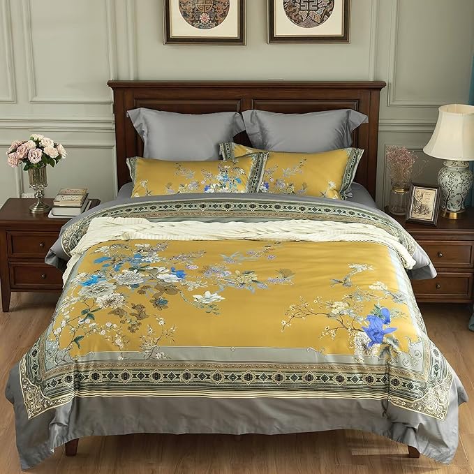 mixinni Queen Size Duvet Cover Set - 3PC Garden Style Long Staple Cotton Golden Floral Bedding, Chinoiserie Chic Botanical Print, Reversible Design, Zipper Closure, Soft & Breathable for Him & Her