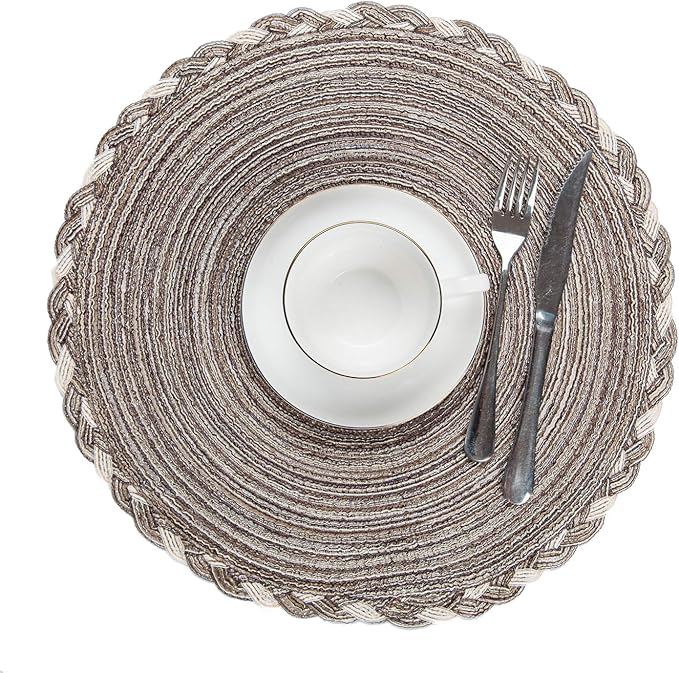 SHACOS Round Placemats Set of 4 Braided Glitter Round Table Placemats 15 inch for Wedding Holiday Party (Multicolor-Light Coffee, 4)