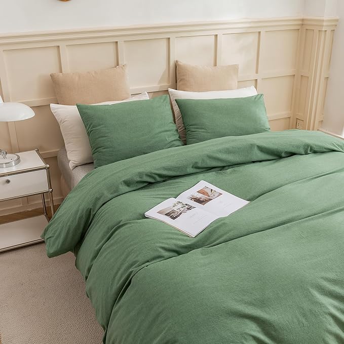 ECOCOTT Sage Green Duvet Cover California King Size, 100% Washed Cotton 3-Piece Bedding Set - Ultra Soft, Breathable & Easy Care with Zipper Closure and 2 Pillowcases