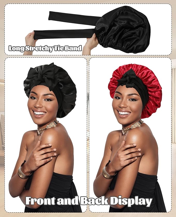 Satin Bonnet Silk Bonnet for Sleeping Silk Sleep Cap Double Layer Hair Bonnet with Elastic Tie Band for Curly Hair Night Cap (Black+Red)