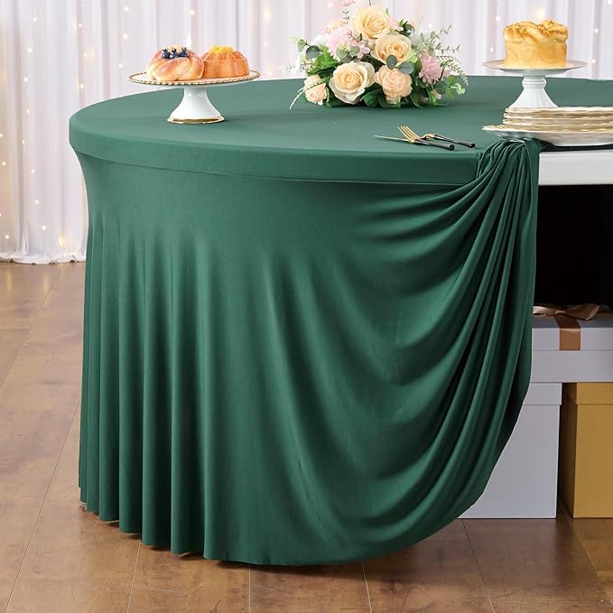 Outpain 6 Pack Spandex Hunter Green Round Tablecloths for 60in Tables, 120Inch Stretchy Fitted 5FT Round Table Clothes,Wrinkle Free Table Cover with Skirt for Wedding Party Dining Banquet
