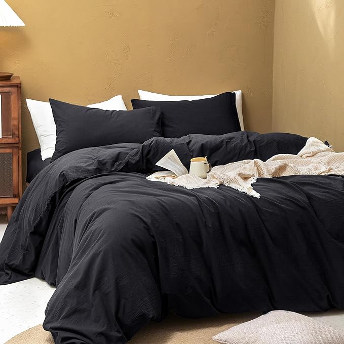 FOSSA Duvet Cover Set 100% Washed Cotton Linen Feel Super Soft Breathable Cozy 3 Pieces Bedding Sets Solid Black Super King