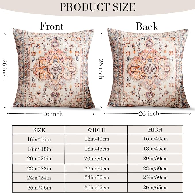 Boho Throw Pillow Covers 26x26 inch Set of 2,Boho Vintage Carpet Pattern Antique Ethnic Decor Double Sided Pattern Cushion Cover Soft Pillow Case Living Sofa Room Bed Square Pillow Cover