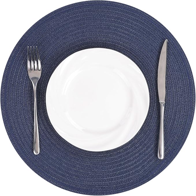 SHACOS Round Placemats Set of 6 Washable 15 inch Circle Cotton Polyester Woven Braided Place Mats for Dining Table Indoor Outdoor Table Mats Home Party Wedding Decor (Navy, 6)