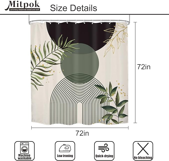 4 PCS Dark Green Boho 72Wx72H Shower Curtain Set Modern Mid Century Leaves Plant Bath Rug Toilet Lid Cover Nonslip U Shape Mat Quick Dry Rubber Backed Dirt Resistant Accessories Bathroom Decor