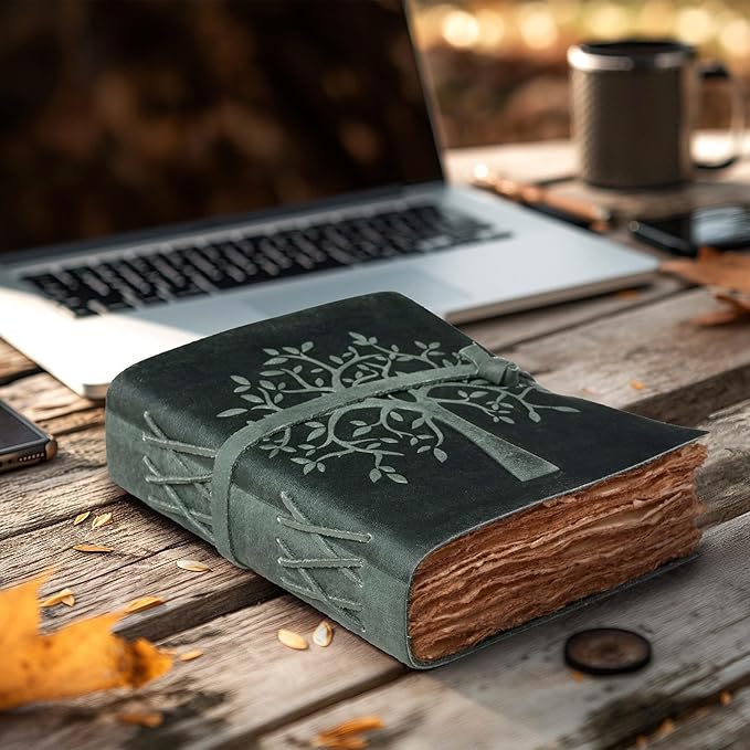 LEATHER VILLAGE Tree of Life Journal - 10 X 7 inches - Aqua - 200 Antique Deckle Edge Handmade Paper – Book of Shadows - Vintage Leather Bound Journal for Women & Men