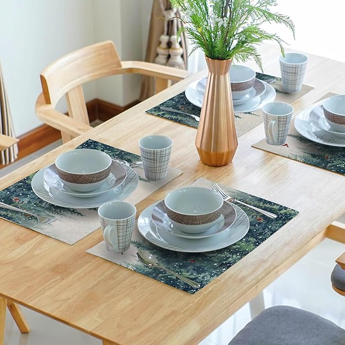 Giwawa Winter Pine Trees Placemats Set of 4 Watercolor Christmas Forest Red Birds Linen Table Mat 12"x18" Xmas Snowy Tree Decorative Seasonal Washable Place Mats for Kitchen Dining Holiday