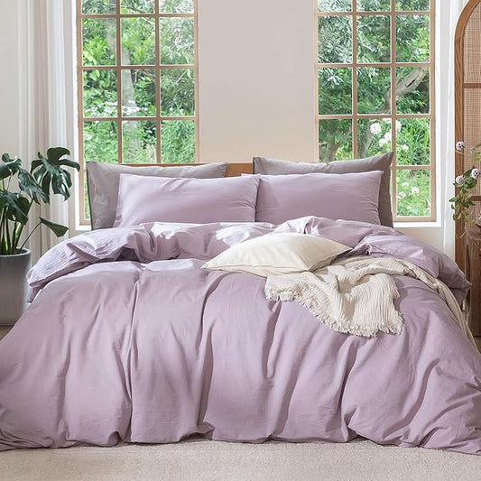 MooMee Bedding Duvet Cover Set 100% Washed Cotton Linen Like Textured Breathable Durable Soft Comfy (Heathered Light Purple, Cal King 104"x98")