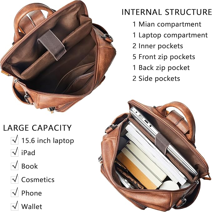 Shrrie Vegan Leather Laptop Backpack for Women 15.6 inch Work Backpack Fashion Travel Backpack Purse for Travel College Work