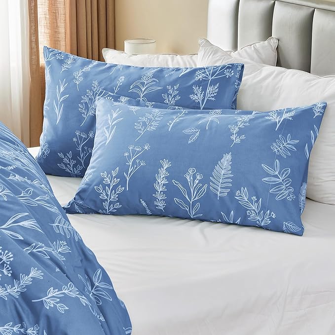 MUXHOMO Duvet Cover Full Size, Reversible Floral Ice Blue Duvet Cover Set with Zipper Closure, 3 Pieces Botanical Patterns Soft Microfiber Bedding Set with 4 Ties (80"x90", 2 Pillow Cases)