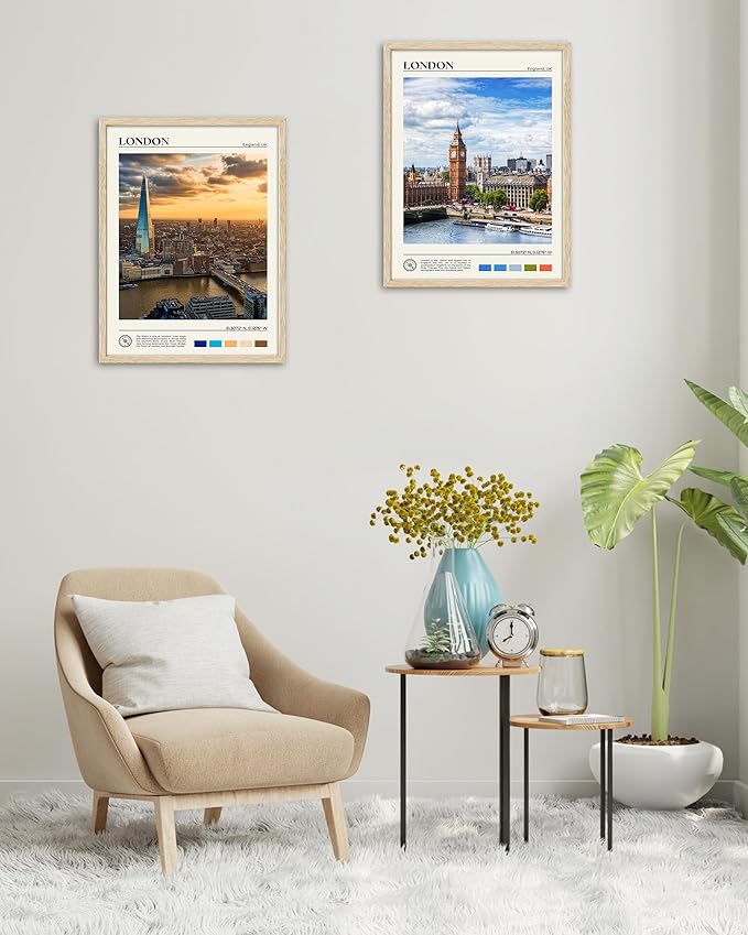 HesenDot Natural OAK Wood Framed London City Wall Art,12x16in Landscape Canvas Wall Print Poster,Classic Urban Landmark Wall Decor for Living Room,Bedroom,Office Gallery Set of 1