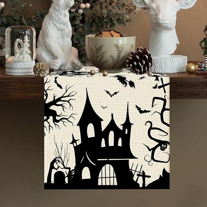 Halloween Burlap Table Runner Seasonal Spring Fall Kitchen Dining Linen Table Decoration for Indoor Outdoor Home Party Dinner 13x72 Inch