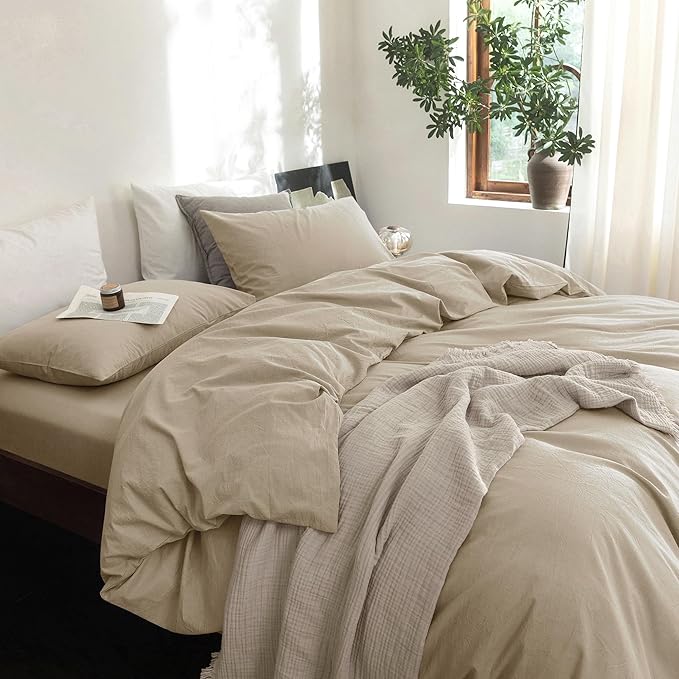 FOSSA Duvet Cover Set 100% Washed Cotton Linen Feel Super Soft Breathable Cozy 3 Pieces Bedding Sets Solid Light Khaki Queen