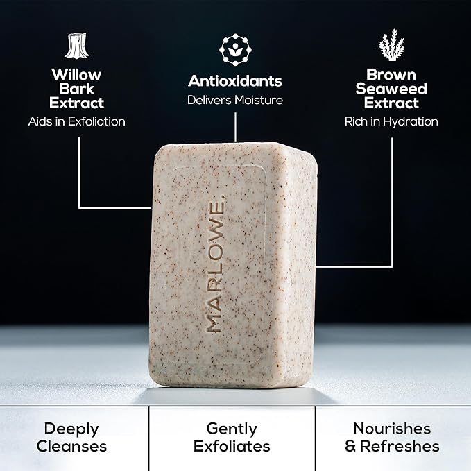 MARLOWE. No. 102 Body Scrub Soap 7 oz (3 Bars), Oud Wood, Exfoliating Soap Bar with Shea Butter, Olive Oil & Green Tea Extracts, Cleanses, Smooths & Revitalizes Skin, Earthy & Smoky Scent
