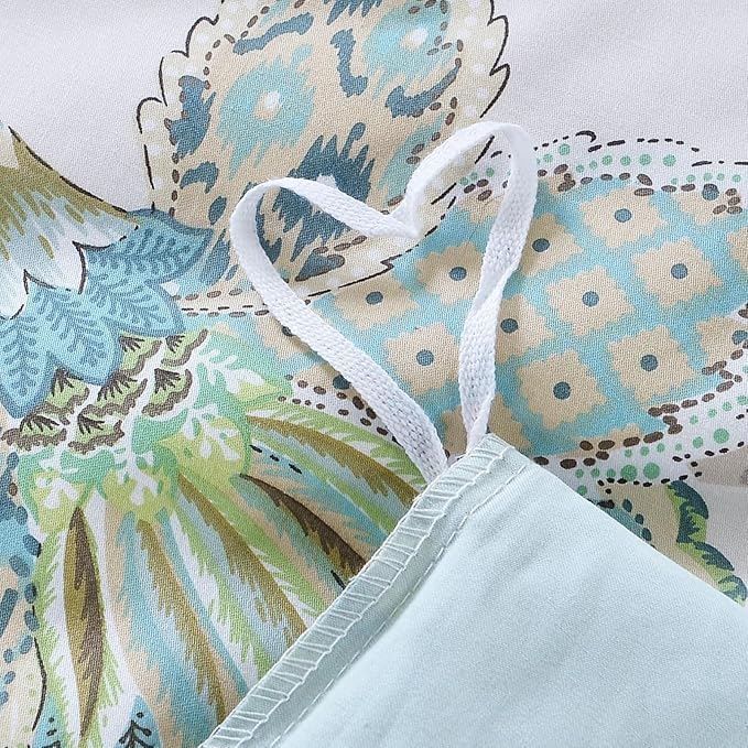 mixinni Cotton Print Paisley Duvet Cover for Queen Size Bed Green Floral Duvet Cover Set Reversible Design Blue Bedding Set 1 Duvet Cover 2 Pillowcases for Him and Her- (3pcs, Queen Size)