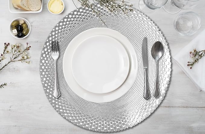 Vinyl Round Placemats Set of 4 - Non Slip Place Mats Ideal for Indoor and Outdoor Dining Table - Washable and Heat Resistant Table Mat for Kitchen Tables (Vincent Silver)
