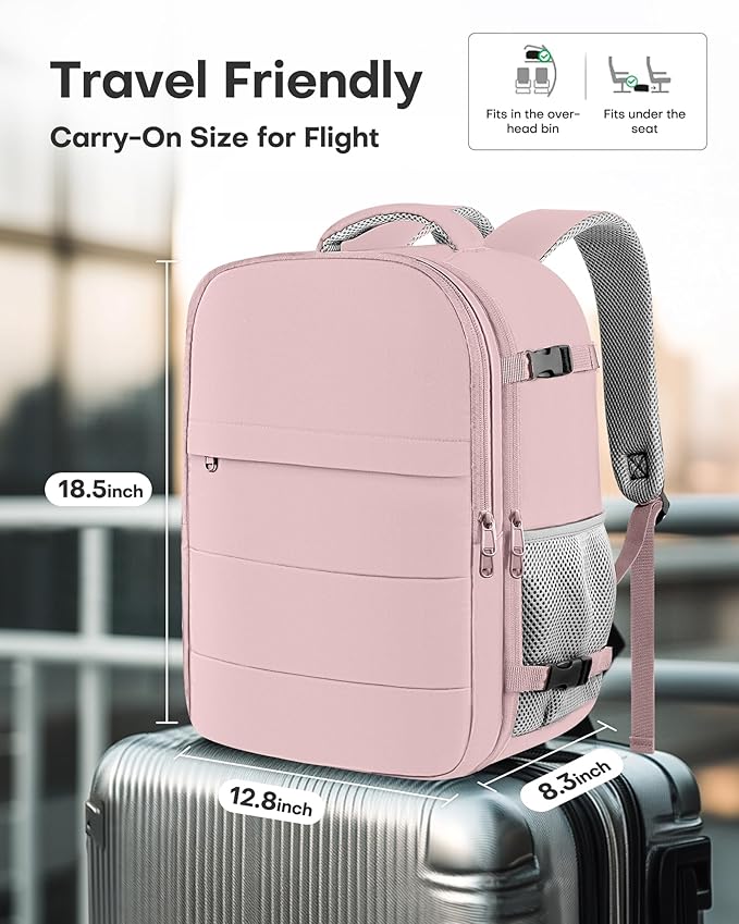 HOTOR Travel Backpack - Flight Approved Travel Bag for Men and Women, Carry on Luggage for 15.6" Laptop and Travel Essentials for Work, Business, Weekender, College 12.8"x8.3"x18.5" (Pink)