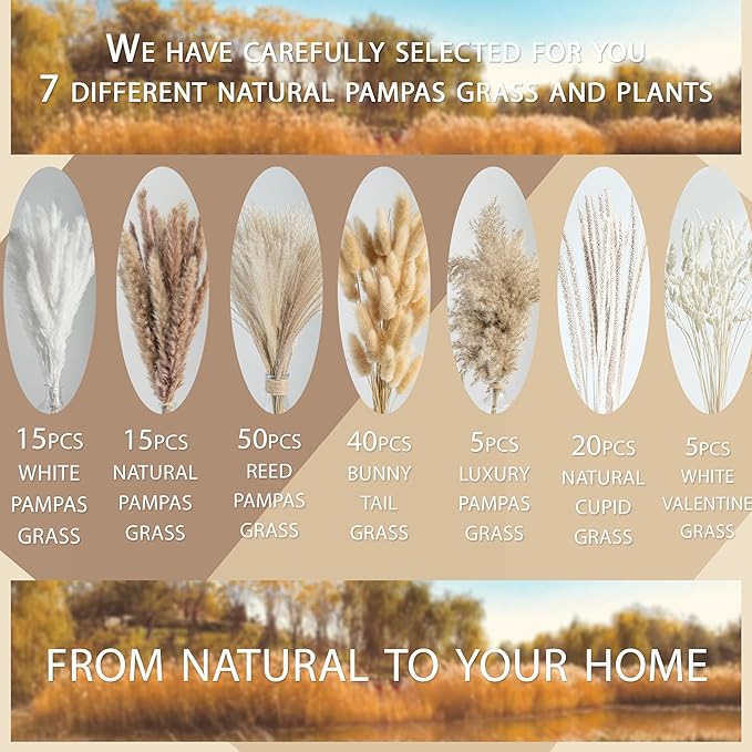 150pcs Pampas Grass + 1 White Ceramic vase + 1 Wood Bead Garland , Boho Home Decor Bouquet Phragmites Dried Flowers Bouquet for Wedding Floral Arrangements Home Decorations
