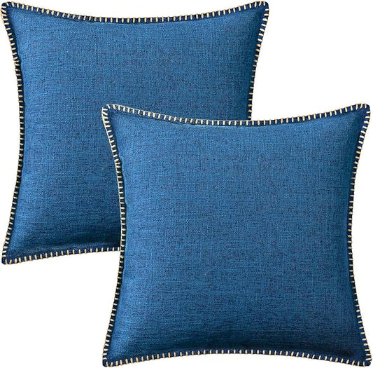 decorUhome Decorative Outdoor Throw Pillow Covers 22x22 Set of 2, Square Linen Rustic Neutral Farmhouse Euro Pillow Covers with Stitched Edge for Couch, Sofa, Living Room, Dark Blue