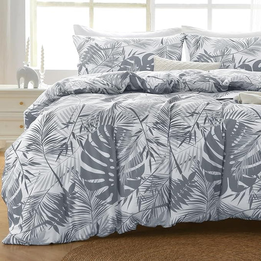 MUXHOMO Duvet Cover Full Size, Reversible Floral Black & Grey Duvet Cover Set with Zipper Closure, 3 Pieces Botanical Patterns Soft Microfiber Bedding Set with 4 Ties (80"x90", 2 Pillow Cases) US