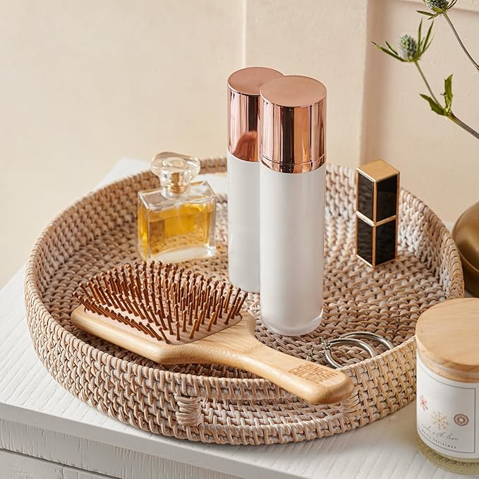 JUNGLE CULTURE Rattan Serving Tray 12" in Whitewash • Woven Serving Trays with Handles for Home • Round Decorative Dining Table Tray • Boho Wicker Serving Basket for Ottoman, Coffee Table, Couch