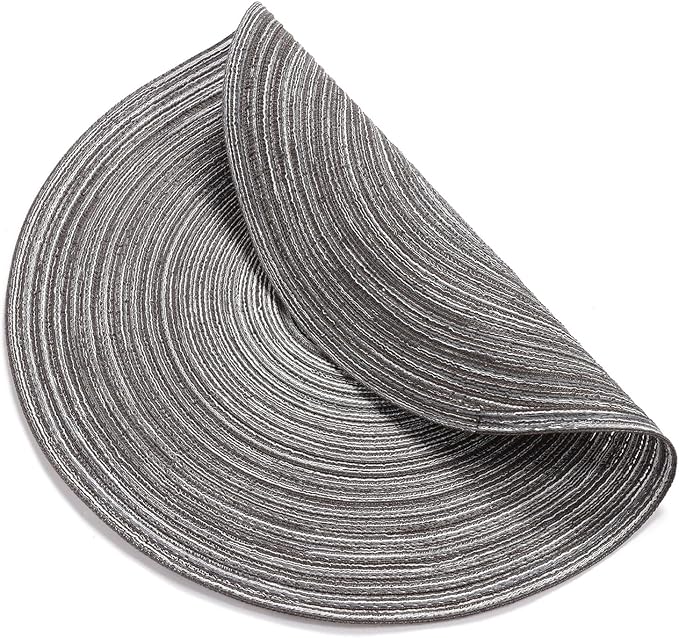 SHACOS Round Braided Placemats Set of 8 Round Table Mats for Dining Tables Non Slip Washable (Black Grey, 8)