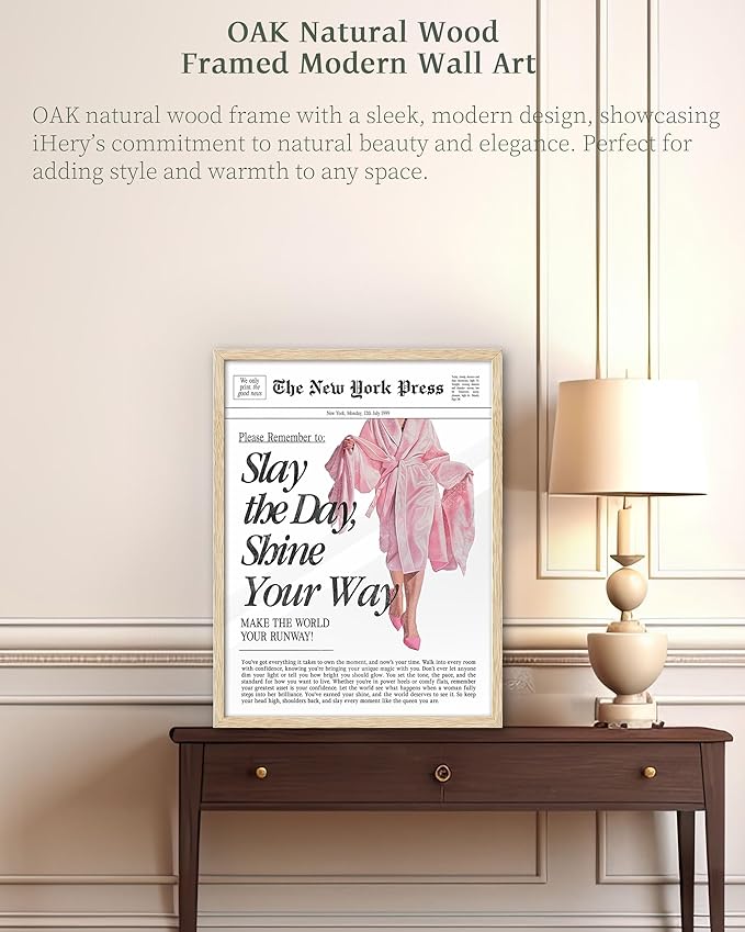 iHery Natural OAK Wood Retro Vintage Pink News Framed Wall Art, 12x16 in Slay the Day Shine Your Way Canvas Wall Decor, Modern Trendy Newspaper Bedroom Decor, Set of 1 For Bathroom Living Room