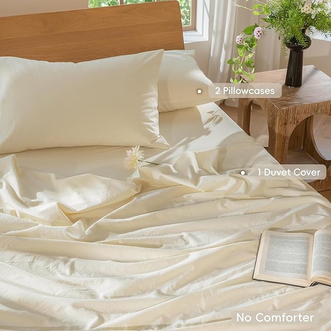 MooMee Bedding Duvet Cover Set 100% Washed Cotton Linen Like Textured Breathable Durable Soft Comfy (Solid Cream White, Super King Plus 120"x120")