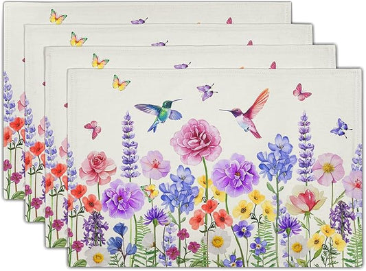 Giwawa Hummingbird Flower Placemats Set of 4, 12"x18" Watercolor Spring Herb Floral Table Mats, Wildflower Botanical Stain Resistant Washable Linen Place Mat for Kitchen Dining Party Decor