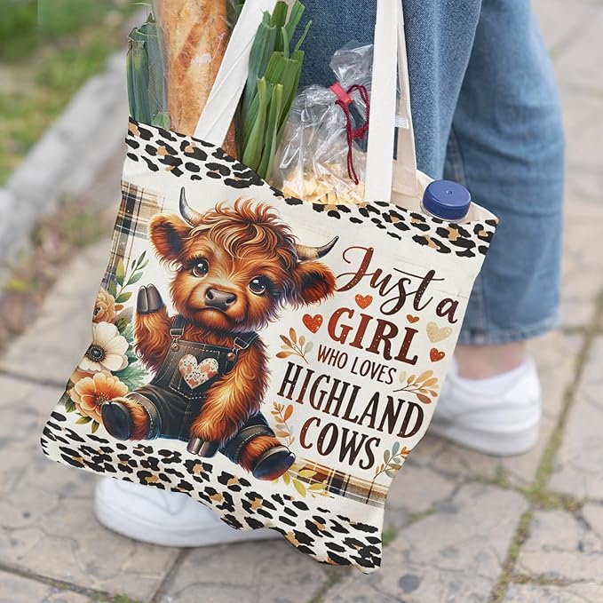 Western Highland Cow Canvas Tote Bag - Highland Cow Lover Gifts,Canvas Shoulder Bag for Women for Girls