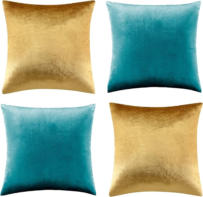 GIGIZAZA Velvet Pillow Covers 20x20,Gold Teal Soft Throw Pillow Covers Set of 4 Square Decorative Modern Pillows Covers for Living Room