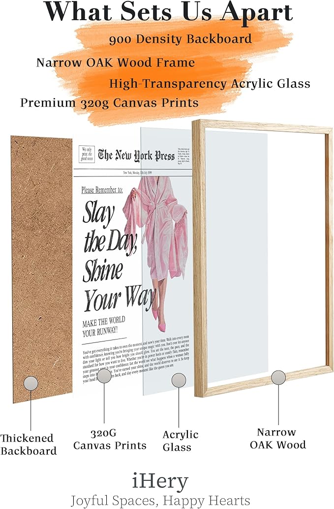 iHery Natural OAK Wood Retro Vintage Pink News Framed Wall Art, 12x16 in Slay the Day Shine Your Way Canvas Wall Decor, Modern Trendy Newspaper Bedroom Decor, Set of 1 For Bathroom Living Room