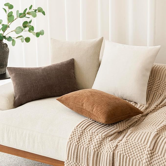 Foindtower Pack of 2 Soft Textured Chenille Throw Decorative Pillow Covers Lumbar Accent Solid Cushion Cover Cozy Neutral Farmhouse Pillow Case for Couch Sofa Bedroom Living Room 12x20 Inch, Chocolate