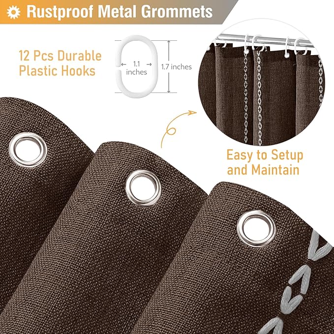 BTTN Boho Shower Curtain, Bohemian Linen Fabric Heavy Duty Striped Shower Curtains Set with Tassel, Water Repellent, Farmhouse Aesthetic Shower Curtain for Bathrooms with Hooks, 72"x72", Brown