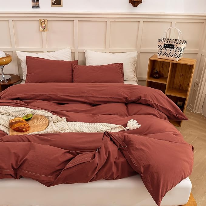 ECOCOTT Duvet Cover Queen Size - Linen Feel Textured Organic Natural 100% Washed Cotton, Soft Breathable 3 Pieces Bedding Set with Zipper Closure, Burnt Brick Red