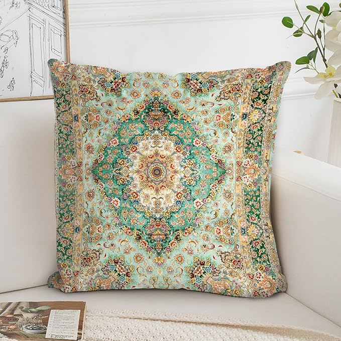 Boho Floral Throw Pillow Covers 18x18 inch Set of 2,Green Boho Rug Geometric Floral Pattern Decor Double Sided Pattern Cushion Cover Soft Pillow Case Living Sofa Room Bed Square Pillow Cover