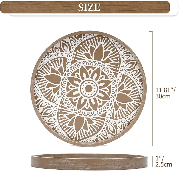 Hanobe Round Decorative Tray for Centerpiece: 2Pcs Vintage Coffee Table Trays with Boho Bead Garlandfor Home Decor - Farmhouse Wood Serving Platter Circle for Kitchen Counter Women
